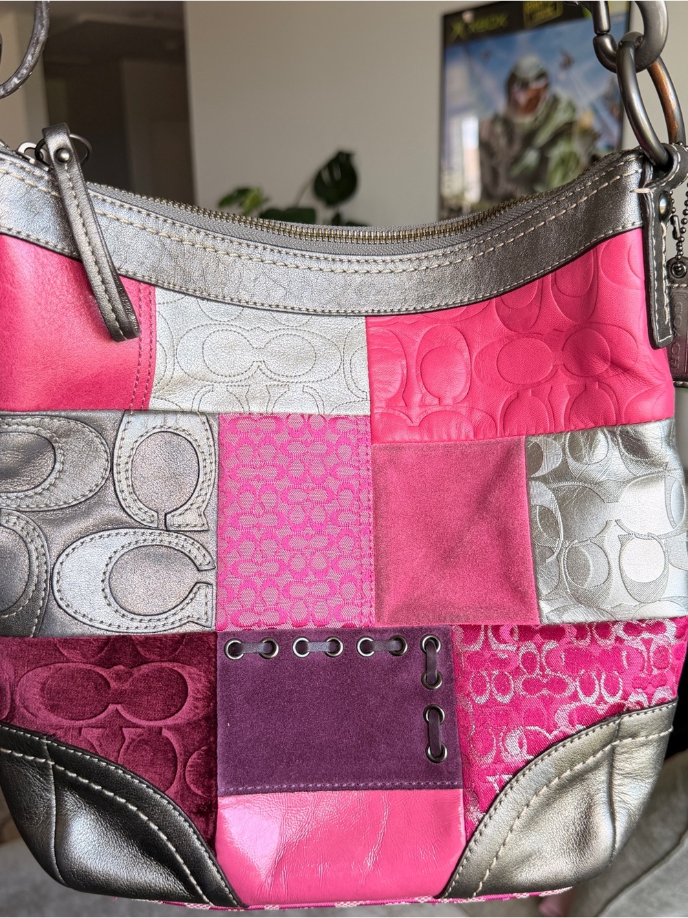 Coach Patchwork Pink & Silver Mixed-Media Shoulder Bag